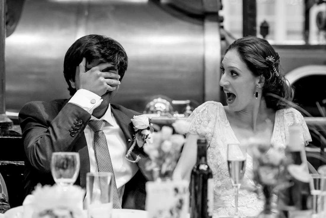 bride and groom's reactions at their water and steam museum wedding in London.