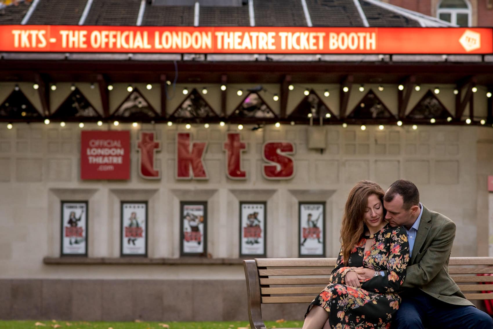 Photo of couple during their leicester square engagement photo shoot