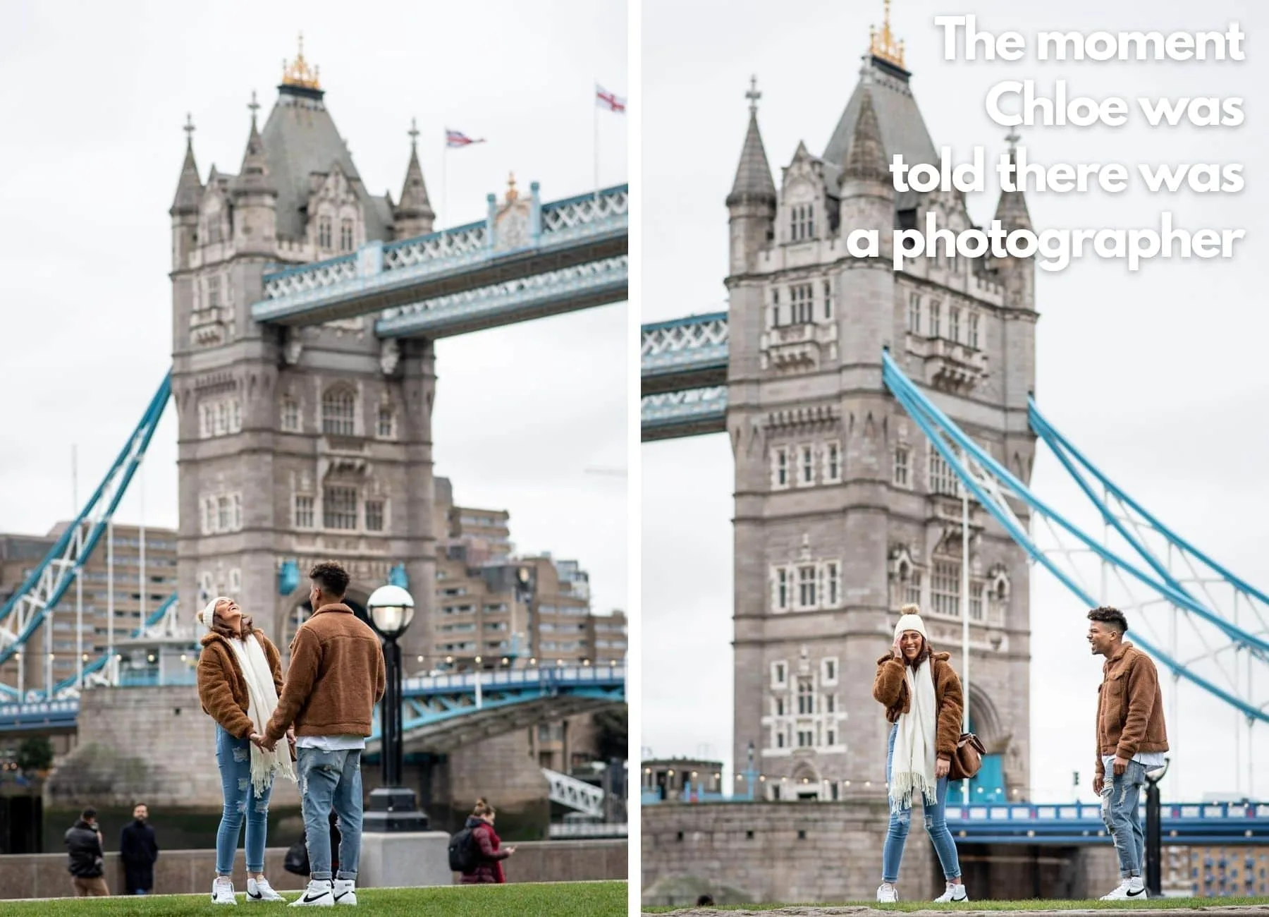Couple being photographed in secret on their Tower Bridge Proposal Shoot