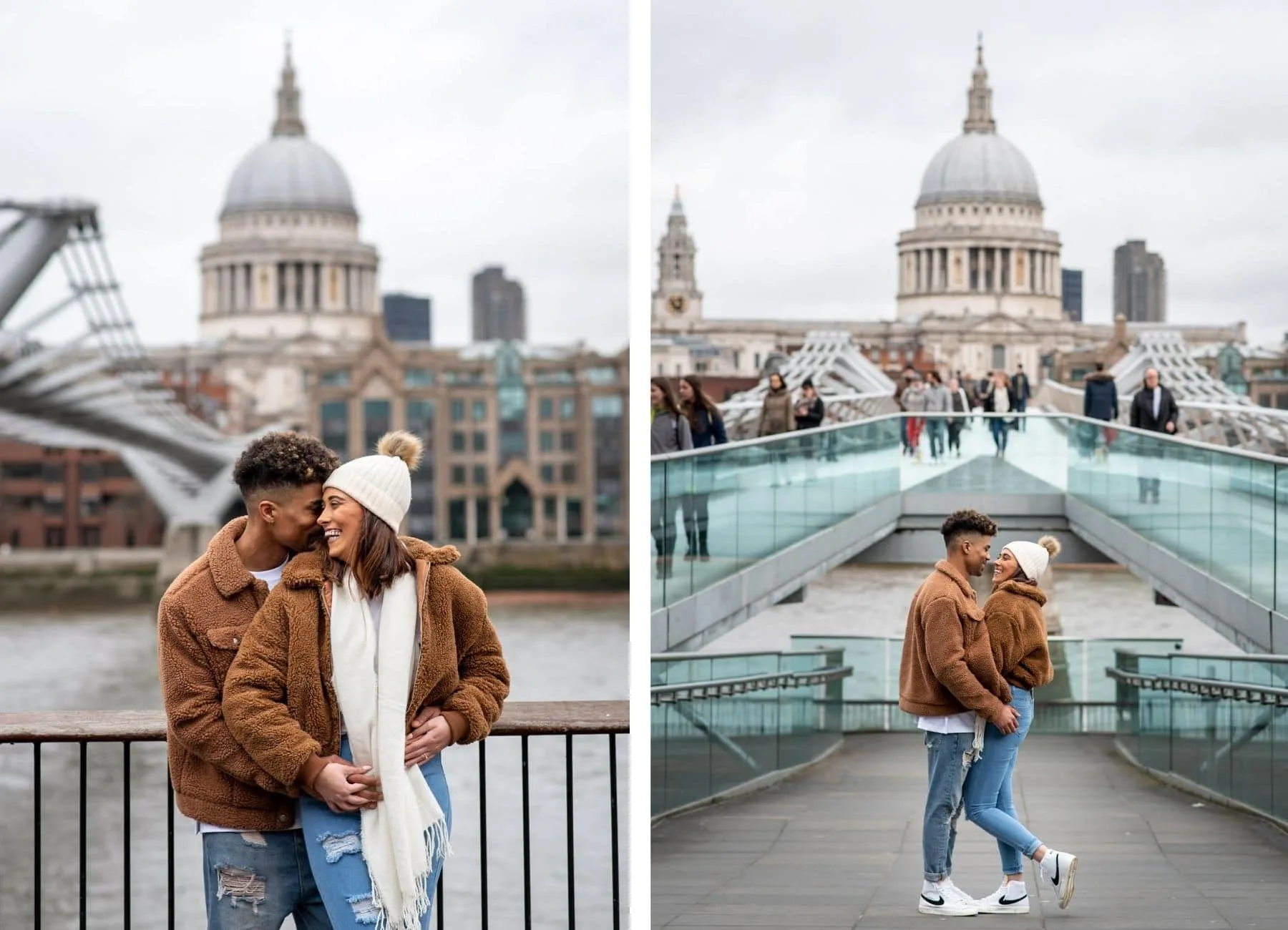 Couple hugging on the millennium bridge on their St Pauls Cathedral Engagement Shoot