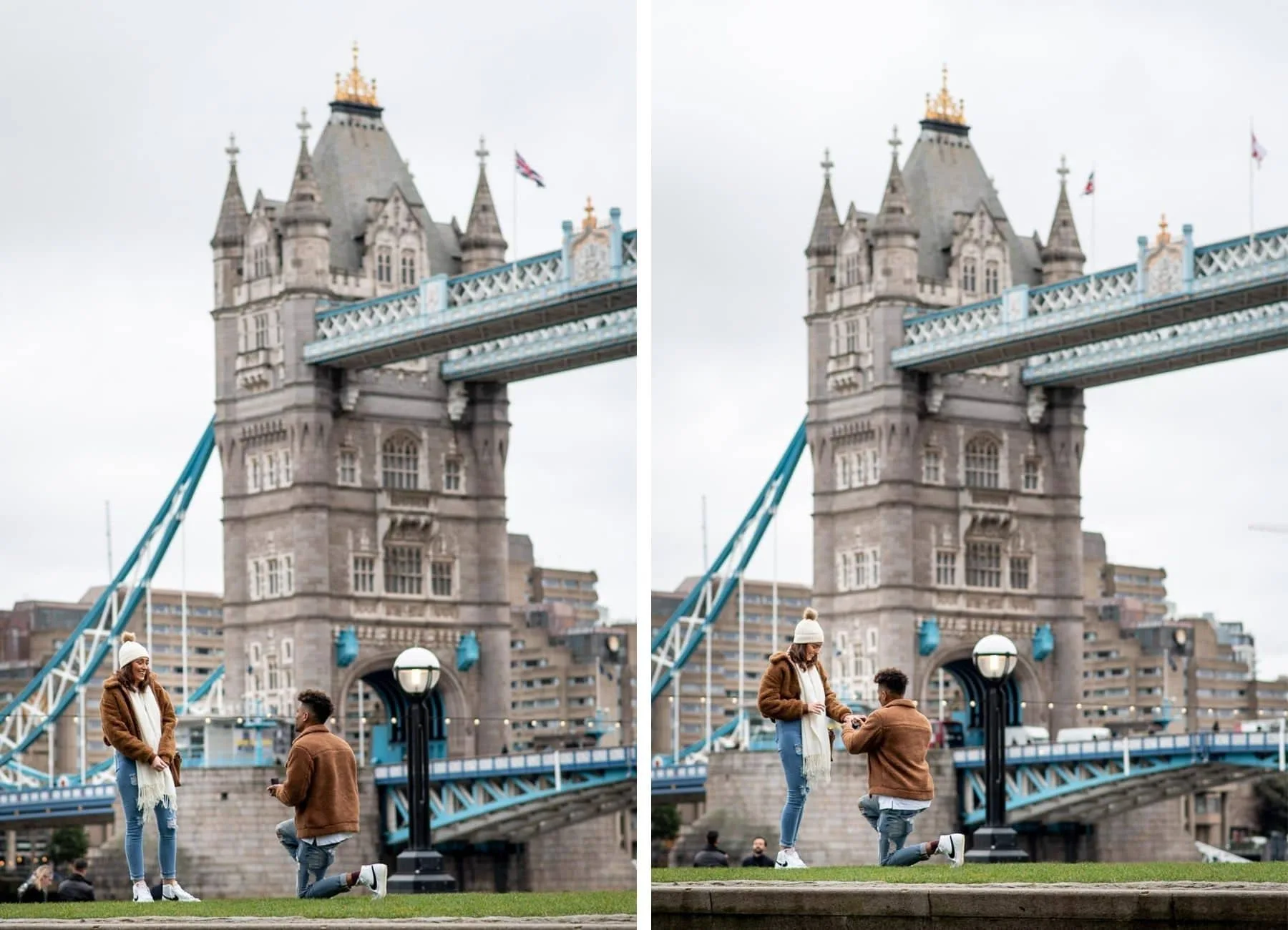 Man proposing to his girlfriend in front of Tower Bridge in London. She said yes