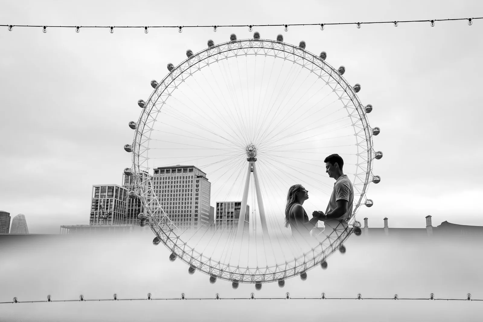 A creative proposal photo with a reflection of the London Eye and a couple who just got engaged
