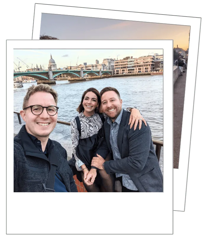 Photographer Matt Badenoch with one of his proposal couples in front of the Thames and St Paul's Cathedral